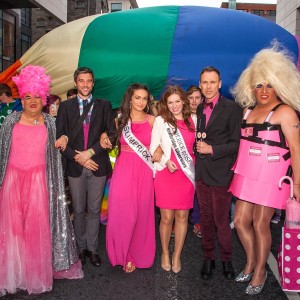 A sea of pink for Marriage Equality at the Limerick Pride Parade 2013. Richard pictured with Sheila Fitspatrick, Hugo Dahn, Miss Limerick Shauna Lindsay, Chole Heslin, the Limerick Rose and Madonna Lucia. Picture: Dolf Patijn.