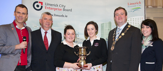 Richard at the LCEB Student Awards 2012 with Eamon Ryan - CEO LCEB, Senior Category winners April and Robyn O Brien, Diarmuid Scully - Deputy Mayor and Kaila Dunne. Photo by Kieran Clancy