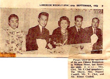 A newspaper clipping of the Opening of the restaurant in 1962 of Salina Choi, her husband (now deceased), and the Mayor of Limerick - Francis Condell.