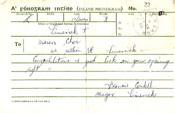 The scan of the Telegram is from Mayor of Limerick - Francis Condell Francis Condell congratulating the opening.