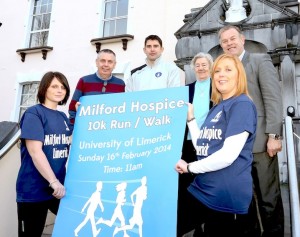 The Milford Hospice 10km Run was launched by Limerick Football Club Manager Stuart Taylor pictured here with Caroline Carey, Milford Care Centre, Declan Deegan, Sr Plylis, Pat Quinlan Chief Executive of Milford Care Centre and Anne Marie Hayes,Fundraising Supervisor, Milford Care Centre. Picture: Keith Wiseman
