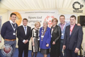 At a special celebratory event to mark the 10 year partnership between Special Olympics and Johnson & Johnson - Richard with David Wallace, Matt English CEO Special Olympics, Cllr Mary Jackman, Mayor Kathleen Leddin, Noelette Ensko, Head of HR Vistakon and Jim Hackett, Operations Director Vistakon. Picture: Caleb Purcell.