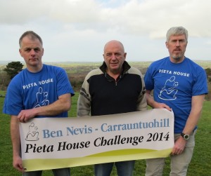 Declan Rambsbottom (guide), renowned adventurer Pat Falvey and Cathal McNicholas of Roscrea-based group Walk in Ireland at the foot of Carrauntoohill to launch the Carrauntoohill/Ben Nevis Challenge in aid of Pieta House. The challenge will take place in August and September this year and people are asked to register for the challenge by contacting Cathal at Walk in Ireland before 30th April. Missing from photo is guide Gemma Collins.