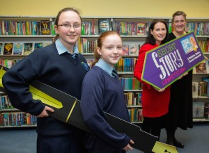 Helping launch the Going for Gold Story Competition at Limerick City Library were, Melanie McKnight and Ava Mulqueen, 2nd year students, St. Marys Secondary School, Sue Ann Foley, Director of the JP McManus Benevolent Fund and Helen O'Donnell, Limerick City Centre Tidy Towns. Picture: Alan Place.