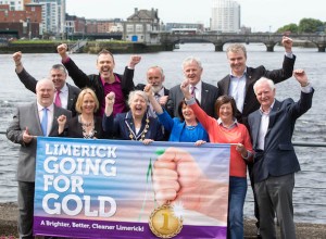 Front from left: Roger Beck, The Parkway shopping centre, Geraldine O'Regan, Limerick's Live 95FM, The Mayor Kathleen Leddin, Eleanor Gleeson, Kathleen Horan and Gerry Boland. Back row from left: Fergal Deegan, Limerick's Live 95FM, Richard Lynch, I Love Limerick, Michael Casey, South Limerick City Residency, Christy O'Connor, Limerick City and County Council and Alan English, Limerick Leader at Limerick City Hall today for the launch of the Limerick Going For Gold 2014 campaign, which this year features a prize fund of €52,500.
