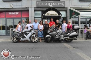 Helen Coote - CARI, At the Cari Bike launch - Paul Monaghan- Clohessey's Bar Manager, Frank McNamara - CARI, Peter Clohessey - CARI Ambassador, Mary Madden - CARI, Dennis Morgan - Munster Bikers, Andy Meeke - Munster Bikers, Aidan Tolton - Munster Bikers. Picture: Caleb Purcell