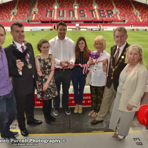Pictured at the Carers Association Masquerade Ball Launch at Thomond Park - Richard Lynch, Chathairleach Joe Crowley, Niamh Duffy (Young Carer Year 2013), David Wallace, Aisling Hogan, Ann Curtin (Carer of the Year 2013), Mayor of Limerick Michael Sheahan and Colette Devlin, Carers Association. Picture: Caleb Purcell.