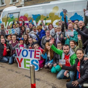 Richard with friends with the Say Yes Marriage Equality bus during its visit to Limerick. Picture: Jonathan Baynes