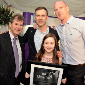 Richard pictured with JP McManus, Paul O Connell and Design a Lapel Pin competition winner Anna Kinsella. Picture: David Woodland