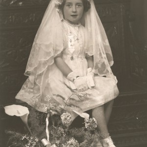 Máire de Paor (neé McInerney) on her First Communion, May 1948. Her veil was made of Limerick Lace.