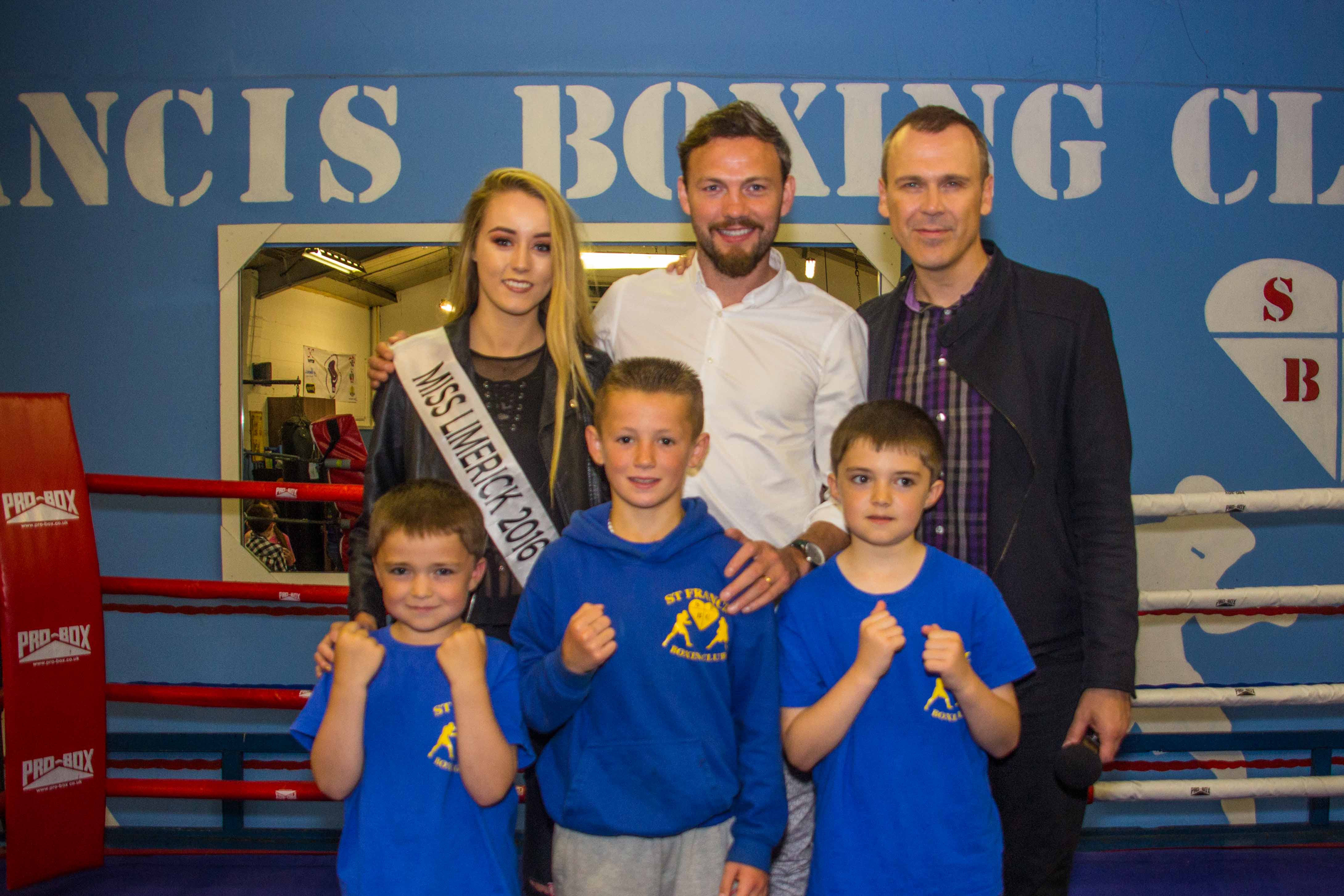 Pictured at St. Francis Boxng Club, (Back) Miss Limerick 2016 Aoife McNamara, Former WBO World Middleweight Champion Andy Lee and Richard Lynch. (Front) Oisin Moore, Davy O'Neill All Ireland Champion under 29kg and Eoin Moore. picture by Cian Reinhardt/ilovelimerick