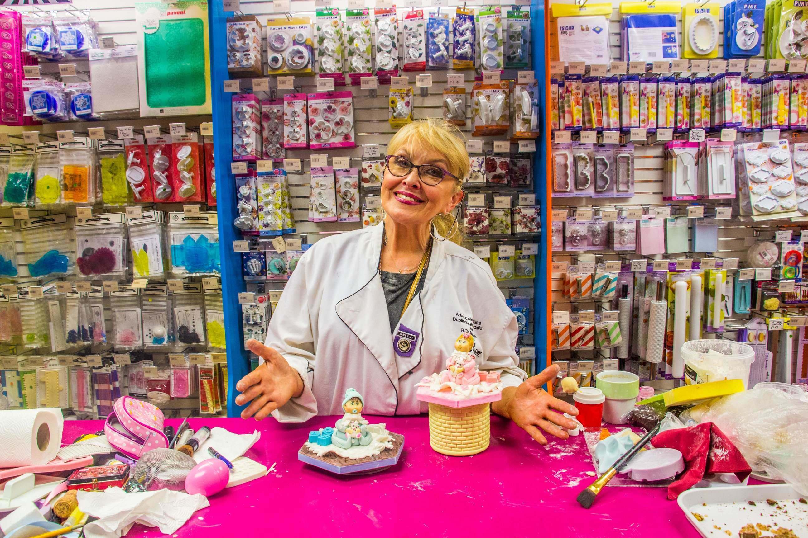 Decobake Limerick Adele King 'Twink' pictured with the sugar-craft models produced for the night. Picture by Cian Reinhardt/ilovelimerick