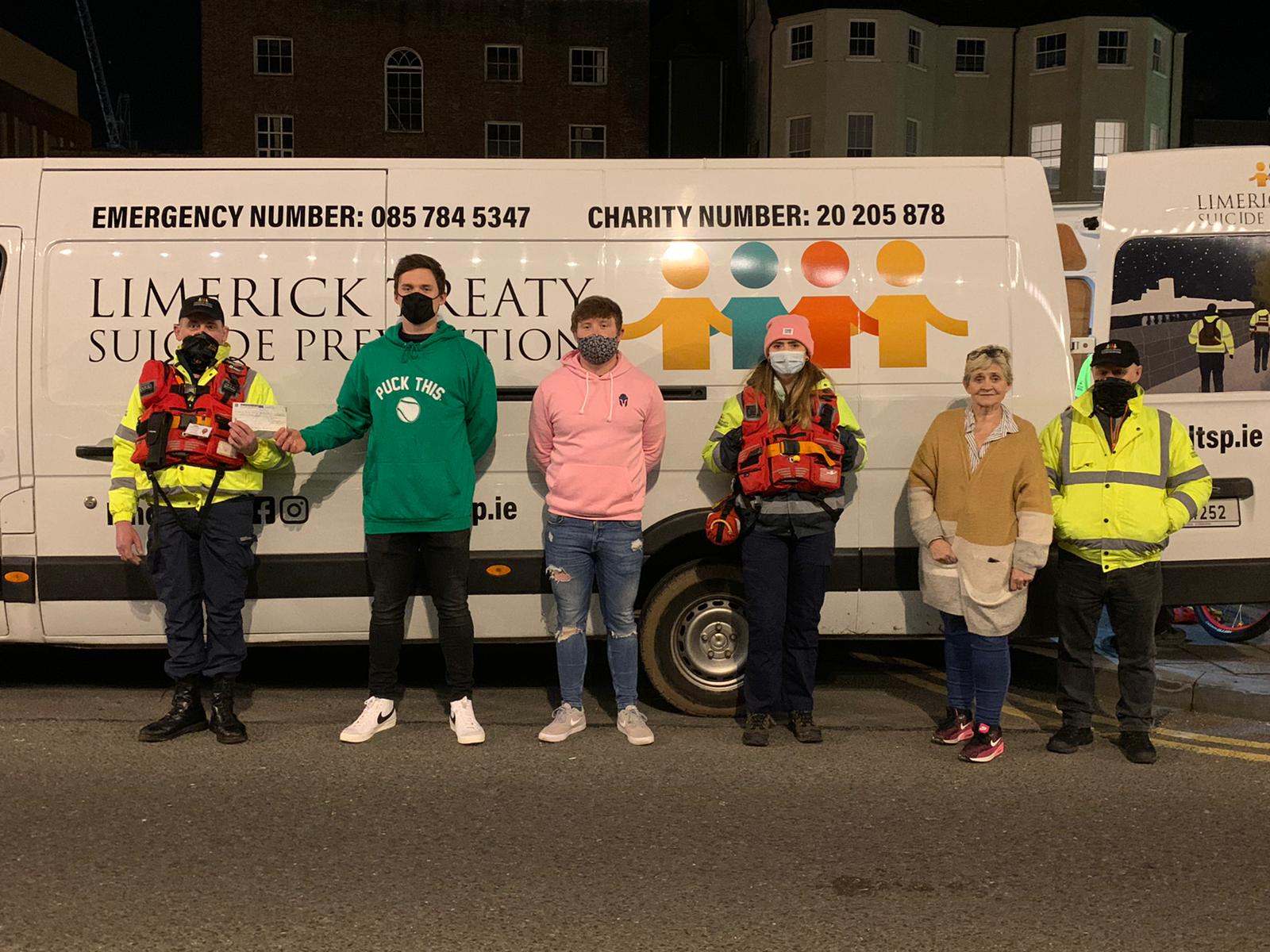 4x4x48 Fundraiser Success - pictured above are Pat Clohessy, Limerick Treaty Suicide Prevention, Fundraisers Eimhin Prendergast and Dylan McMahon, Aoife Kelly, Treaty Suicide, Josephine Corbett, Treaty Suicide fundraising organiser, Matt Collins, Chairperson Treaty Suicide