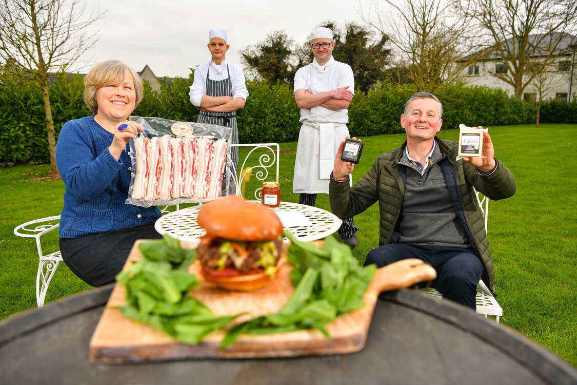 West Limerick Lamb Burger - Pictured above are Caroline Rigney (Rigney's Farm), Jan Bina (Sous Chef, Dunraven Arms Hotel), Chris Starr (Head Chef, Dunraven Arms Hotel) and Eoin Cahill (Cahill's Cheese) at the launch of the West Limerick Spring Lamb Burger Kit. Picture: Diarmuid Greene