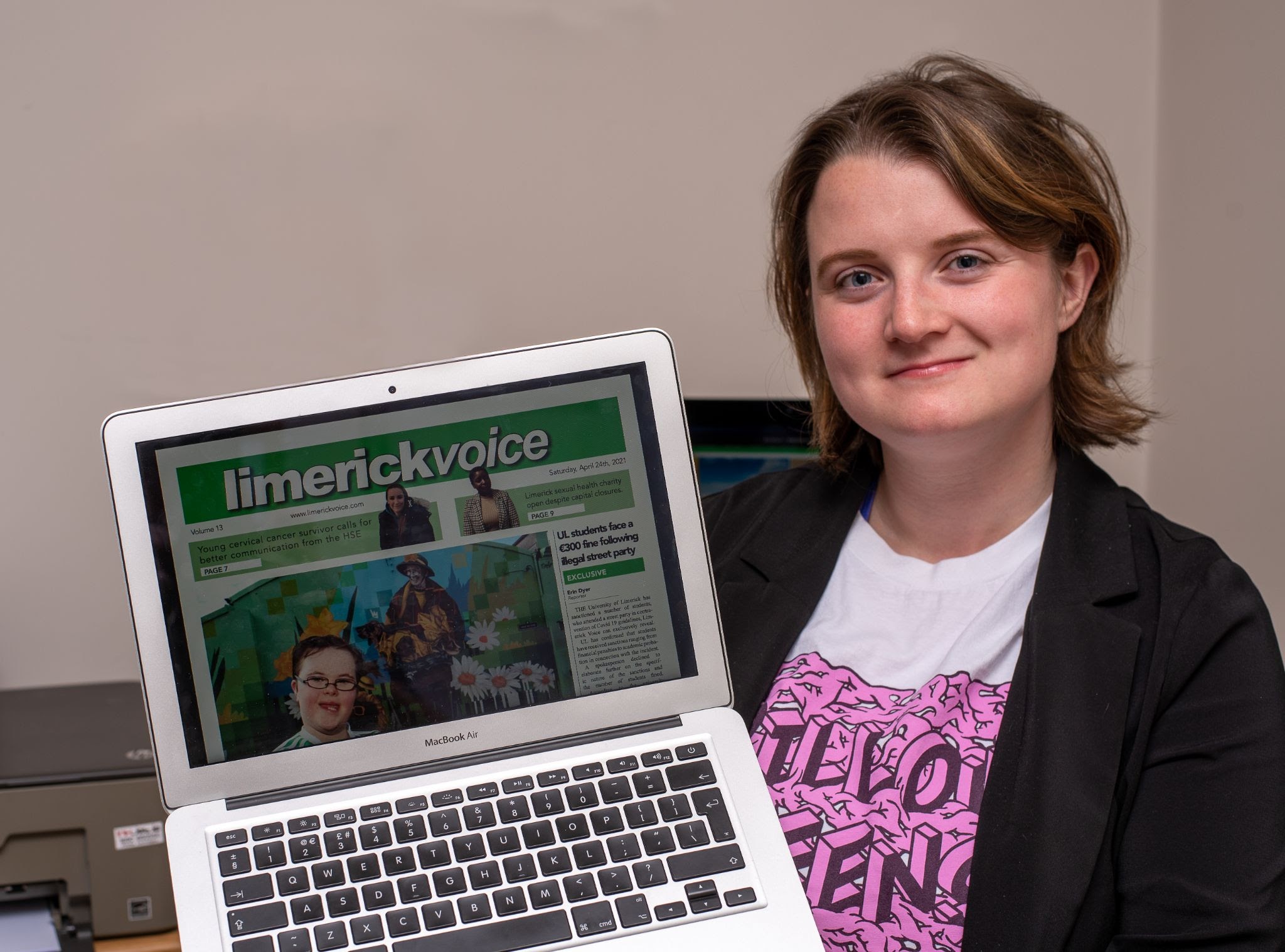 Limerick Voice newspaper Editor 2021 Christine Costello pictured above with Limerick Voice front page