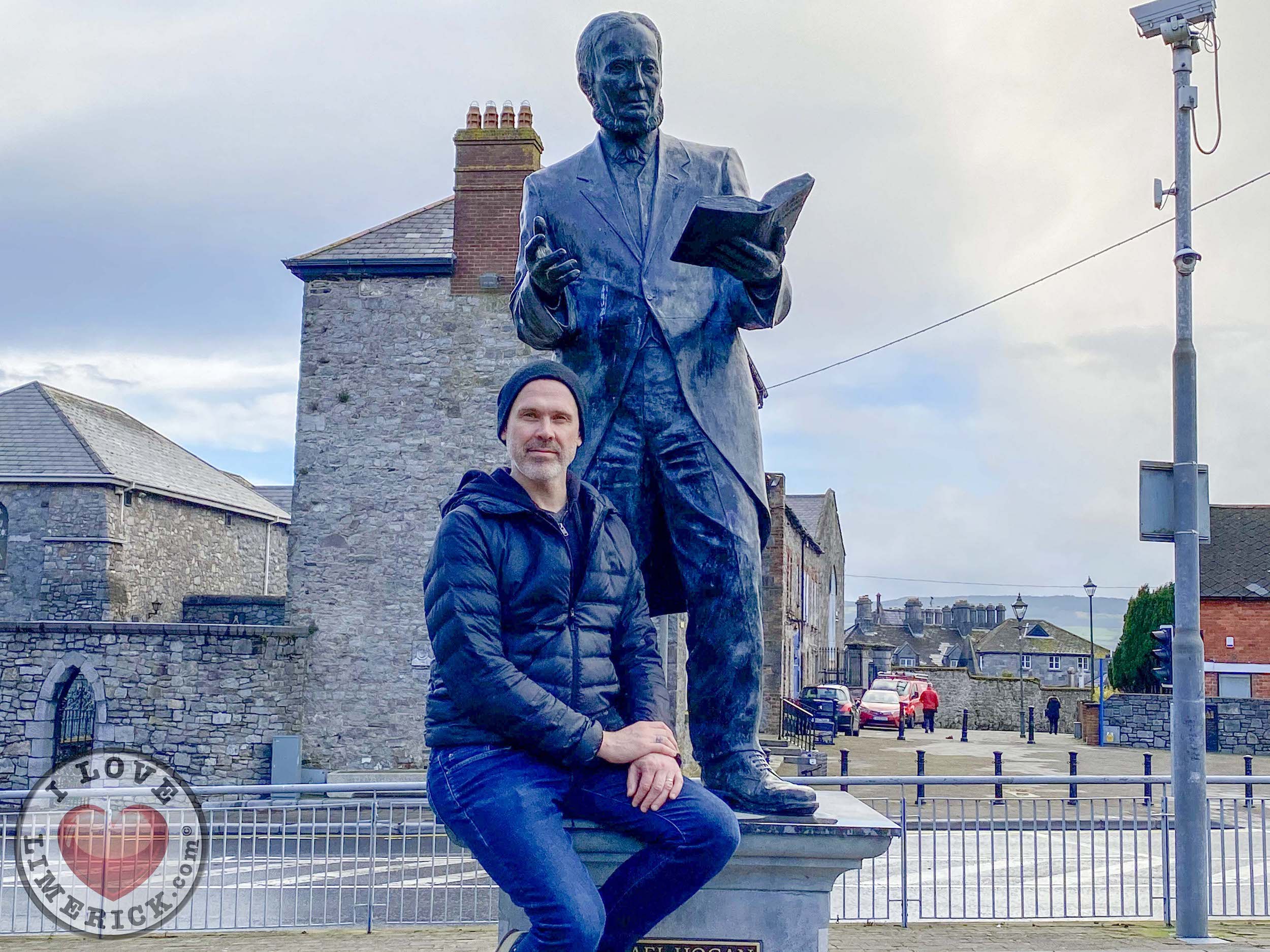 Bard of Thomond - Richard Lynch, I Love Limerick pictured with the Michael Hogan, Bard of Thomond statue outside King John’s Castle. Picture: ilovelimerick