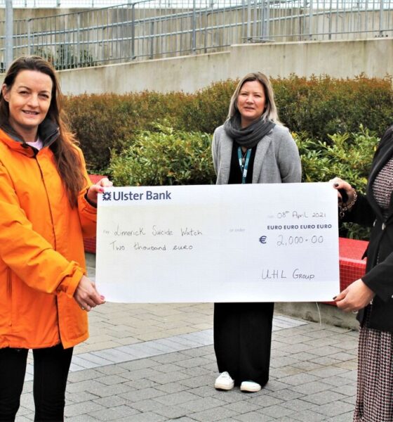 UL Hospitals Group fundraised for 4 charities. Pictured above are members of Limerick Suicide Watch receiving their share of the proceeds from the UL Hospitals Group 2019 Christmas Fair & Raffle: (front, from left) Elaine Leahy, Limerick Suicide Watch; and Colette Cowan, CEO, UL Hospitals Group; with (back, from left), Joan Forde, Limerick Suicide Watch; and Hilda Coughlan, UL Hospitals Group.