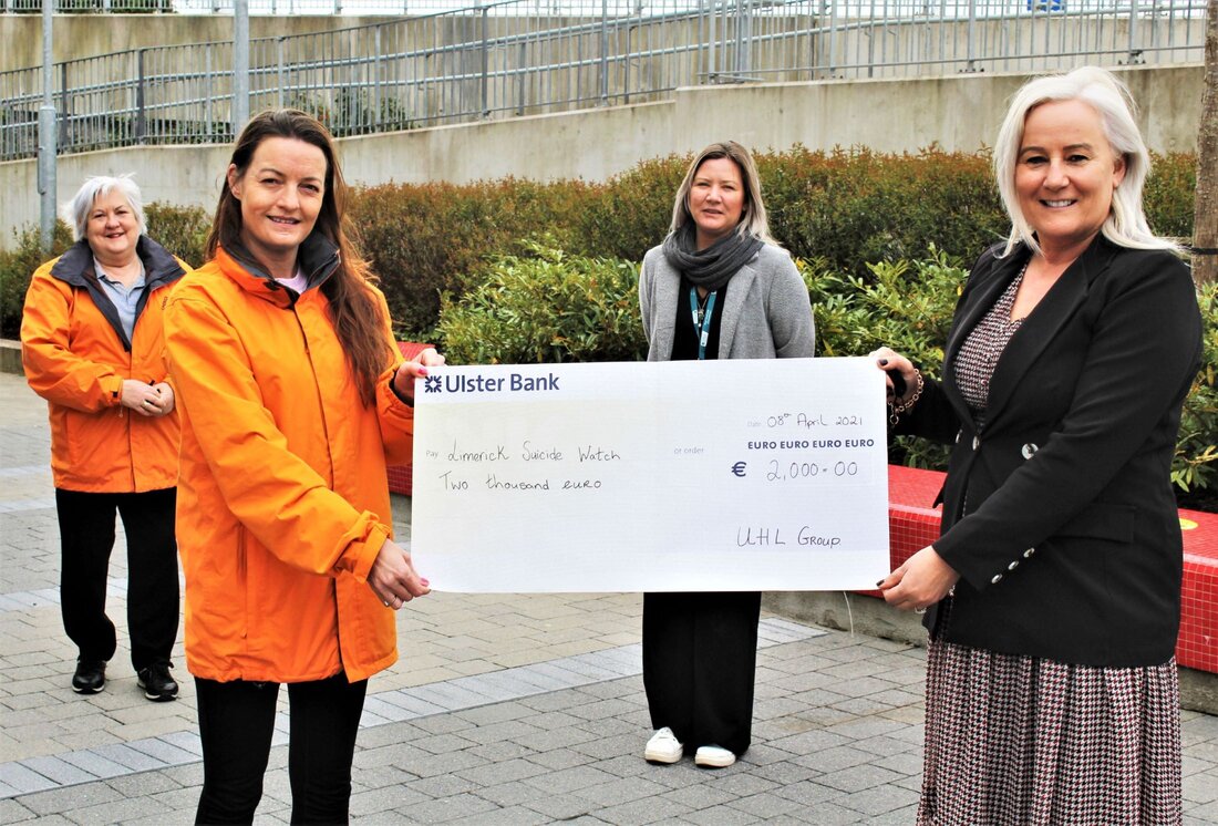 UL Hospitals Group fundraised for 4 charities. Pictured above are members of Limerick Suicide Watch receiving their share of the proceeds from the UL Hospitals Group 2019 Christmas Fair & Raffle: (front, from left) Elaine Leahy, Limerick Suicide Watch; and Colette Cowan, CEO, UL Hospitals Group; with (back, from left), Joan Forde, Limerick Suicide Watch; and Hilda Coughlan, UL Hospitals Group.