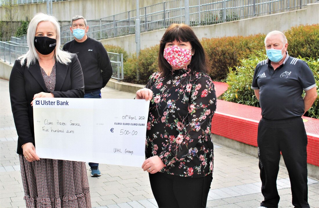 Colette Cowan, CEO, UL Hospitals Group (front left) presents a cheque to Martha Barrett of Clare Haven Services. Also pictured are (back, from left) Tom Moloney and Willie Allen, UL Hospitals Group.