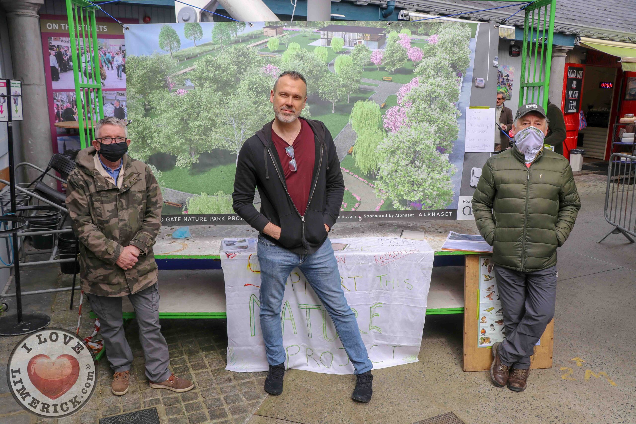 Thomondgate Nature Park Project is a campaign set up by the community to develop a safe and secure national park to allow people to reconnect with nature. Richard Lynch (centre) pictured above with Kevin Keily and Pat Murphy of Thomondgate Nature Park project at the Limerick Milk Market. Picture: Hugo Lynch/ilovelimerick