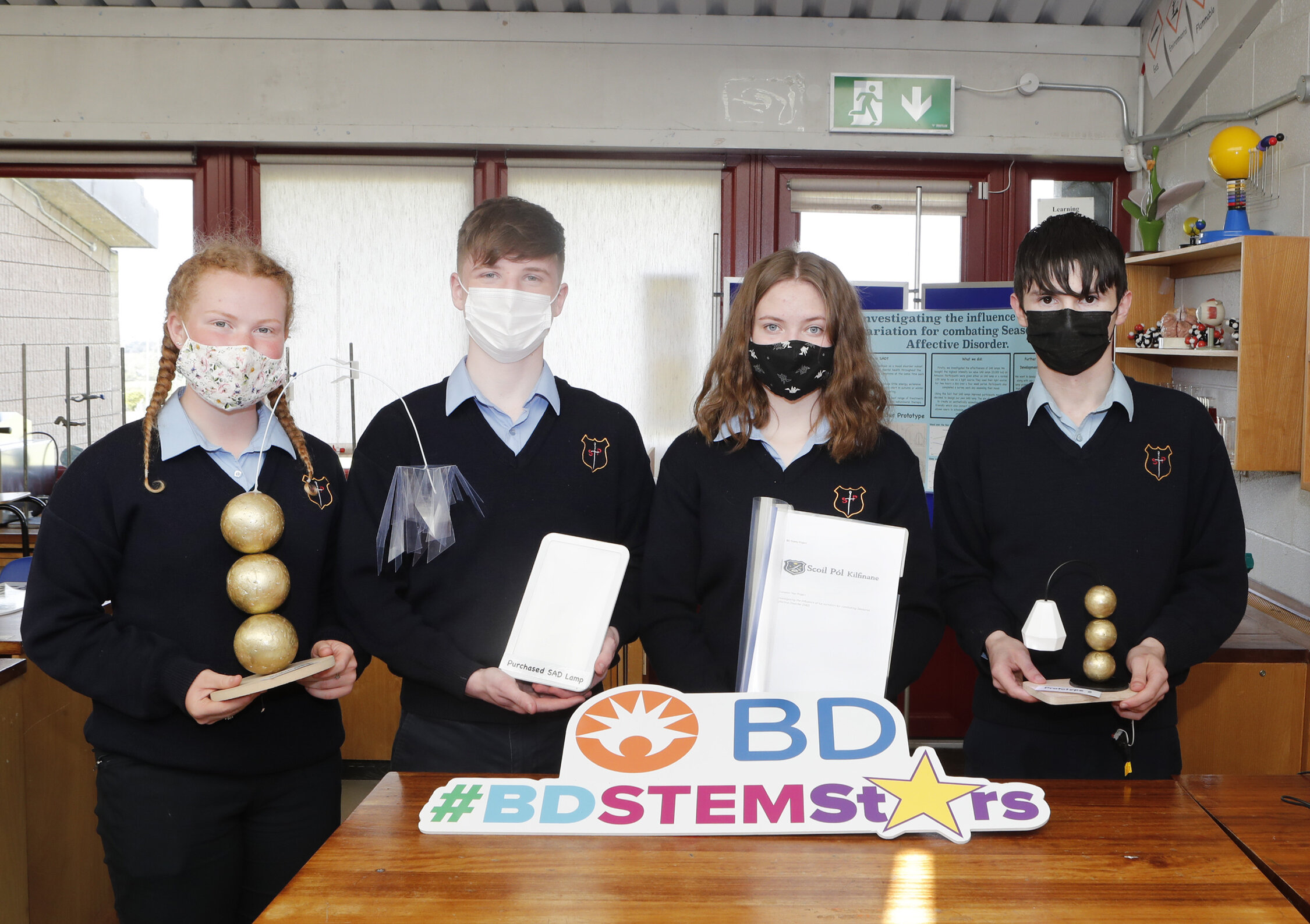 BD Stem Stars awards - from Scoil Pól, Kilfinane, Co. Limerick all transition year students Leah O'Brien, Chris Costigan, Aisling Daly and Pádraig Brazil Carroll pictured above. The students project is named “Investigating the influence of Lux variation for combating Seasonal Affective Disorder.” Picture: Liam Burke/Press 22.