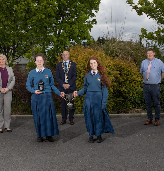 Desmond College Newcastle West - Mayor Michael Collins (c) pictured above presented the two students with their County Final Award, in the presence of Vourneen Gavin Barry, Principal, Desmond College NCW; Bernie Moloney, Local Enterprise Office Limerick; Emma O'Shea and Rebecca Enright, award winners; Donal Enright, Teacher and Garry Lowe, Student Enterprise Coordinator.