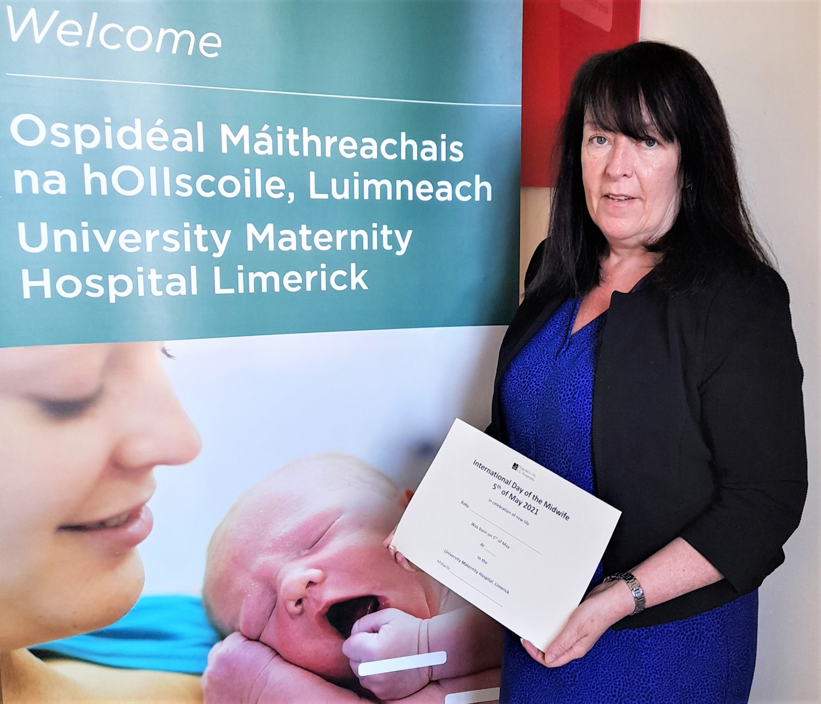 UL Hospitals Groupâs Director of Midwifery, Eileen Ronan, holding one of the special certificates to be presented to mums of babies born at University Maternity Hospital Limerick on May 5.