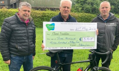 Finbarr Brougham pictured above centre with friends has raised €3,315 for Clionas Foundation by cycling 65km in celebration of his 65th birthday.