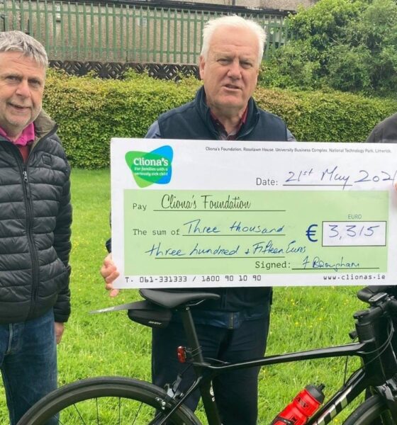 Finbarr Brougham pictured above centre with friends has raised €3,315 for Clionas Foundation by cycling 65km in celebration of his 65th birthday.
