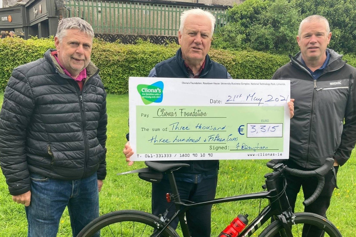 Finbarr Brougham pictured above centre with friends has raised €3,315 for Clionas Foundation by cycling 65km in celebration of his 65th birthday.