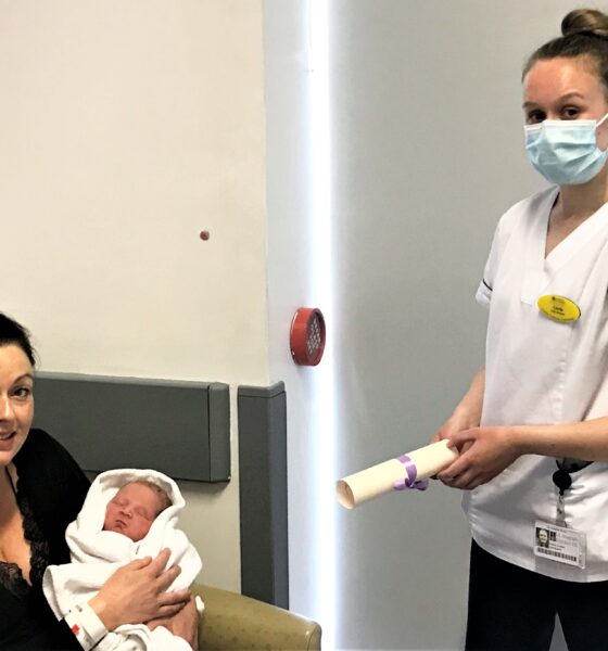 International Day of the Midwife - Joanne Ahern and her infant son, Evan, who was born at University Maternity Hospital Limerick at 00.57am on Wednesday May 5th, 2021, International Day of the Midwife, receiving a special commemorative certificate from UMHL Staff Midwife, Carrie Crowley.