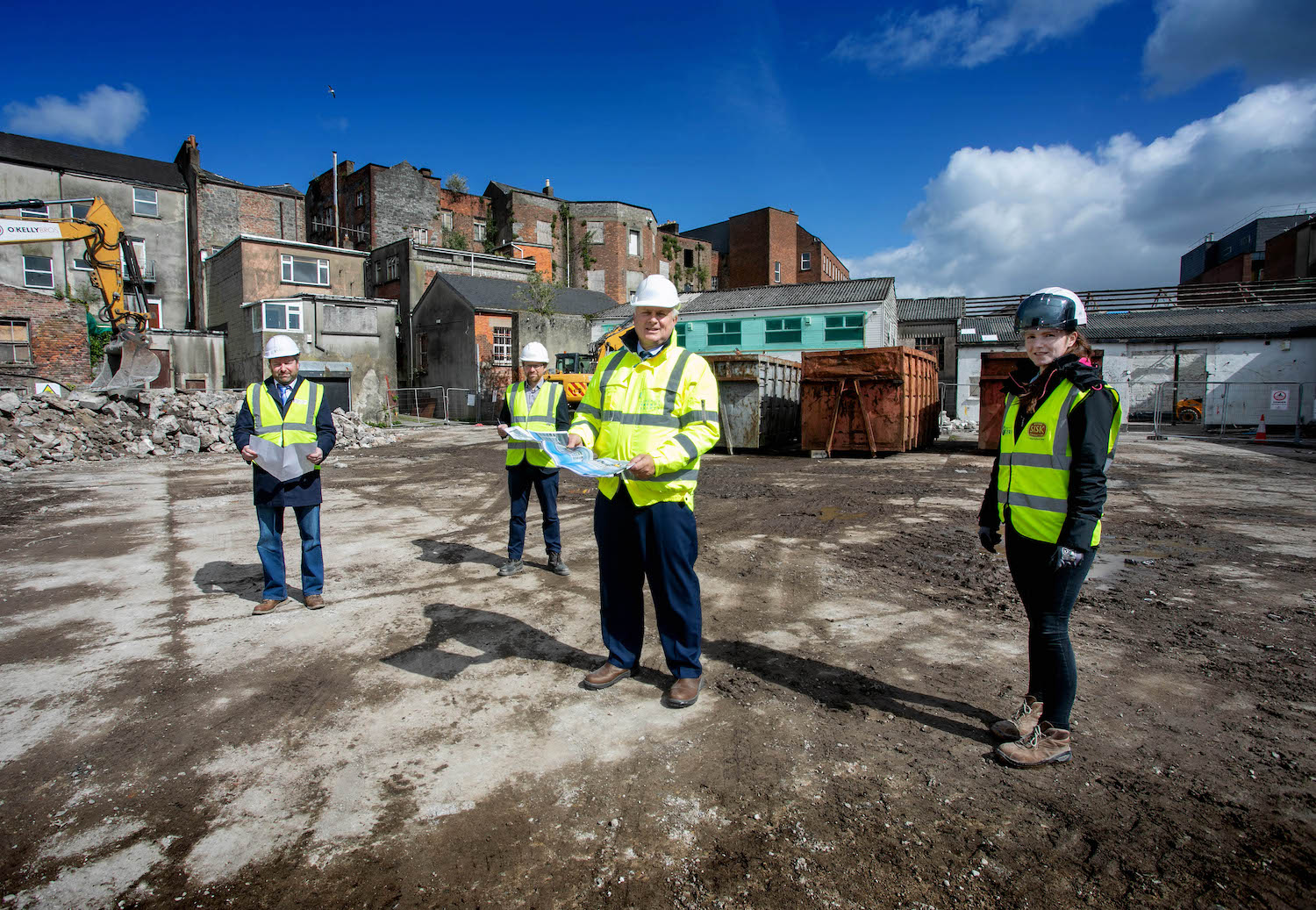 One Opera Square - Pictured L-R Kevin Mullery, Punch Consulting, Tomás Sexton, Coady Architects, David Conway, CEO Limerick Twenty Thirty and Natasha Corduff, Site Health and Safety Officer. Picture: Arthur Ellis