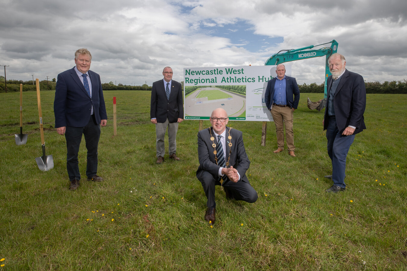 Newcastle West Regional Athletics Hub - Councillors Tom Ruddle, Francis Foley, Liam Galvin and Jerome Scanlon were pictured with Cathaoirleach Limerick City and County Council Michael Collins at the turning of the first sod. Picture: Marie Keating.