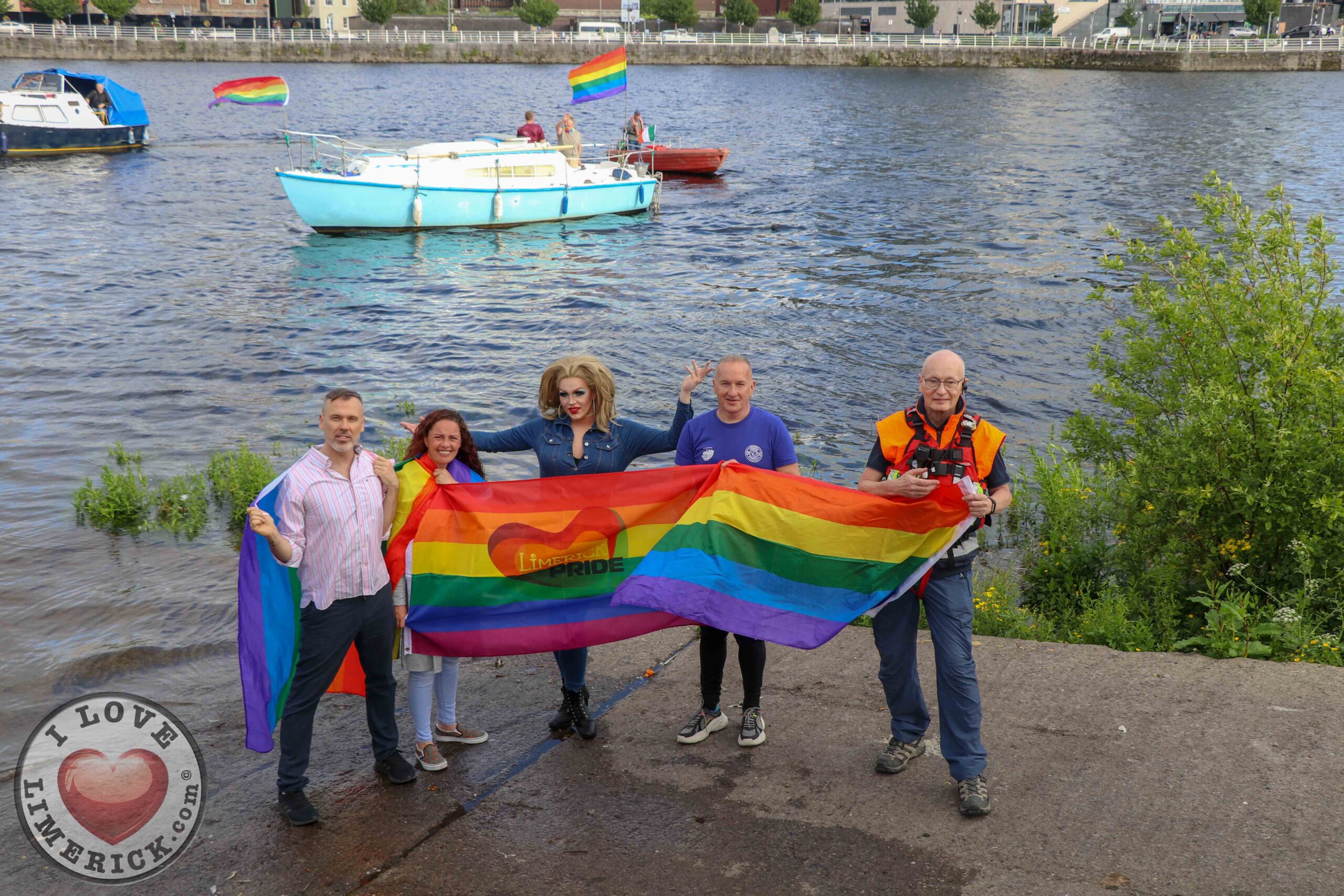 On Sunday, July 4, the Pride festivities will kick off with the Rainbow River Parade. Pictured are Richard Lynch, PRO Limerick Pride, Lisa Daly, Chairperson Limerick Pride, Carrie Deway, Alan Gleeson, Limerick Narwhals and Tom Sheehan, Limerick Suicide Watch. Picture: Farhan Saeed/ilovelimerick