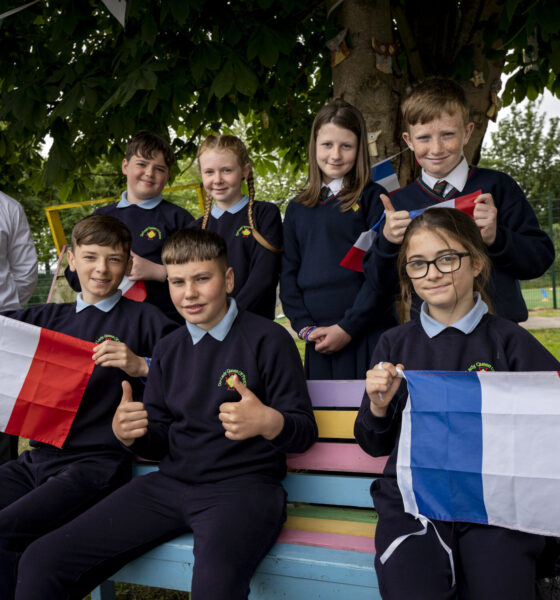 UL Academy for Children graduates Jay Broe, Abigail Barry, Niamh O'Callaghan, Warren Mahon, Chad Molloy, Alex Heffernan and Aaliyah Pickford from Our Lady Queen of Peace Primary School, Janesboro, Limerick. Also pictured Eamonn O'Connell, School Principal. Picture: Don Moloney
