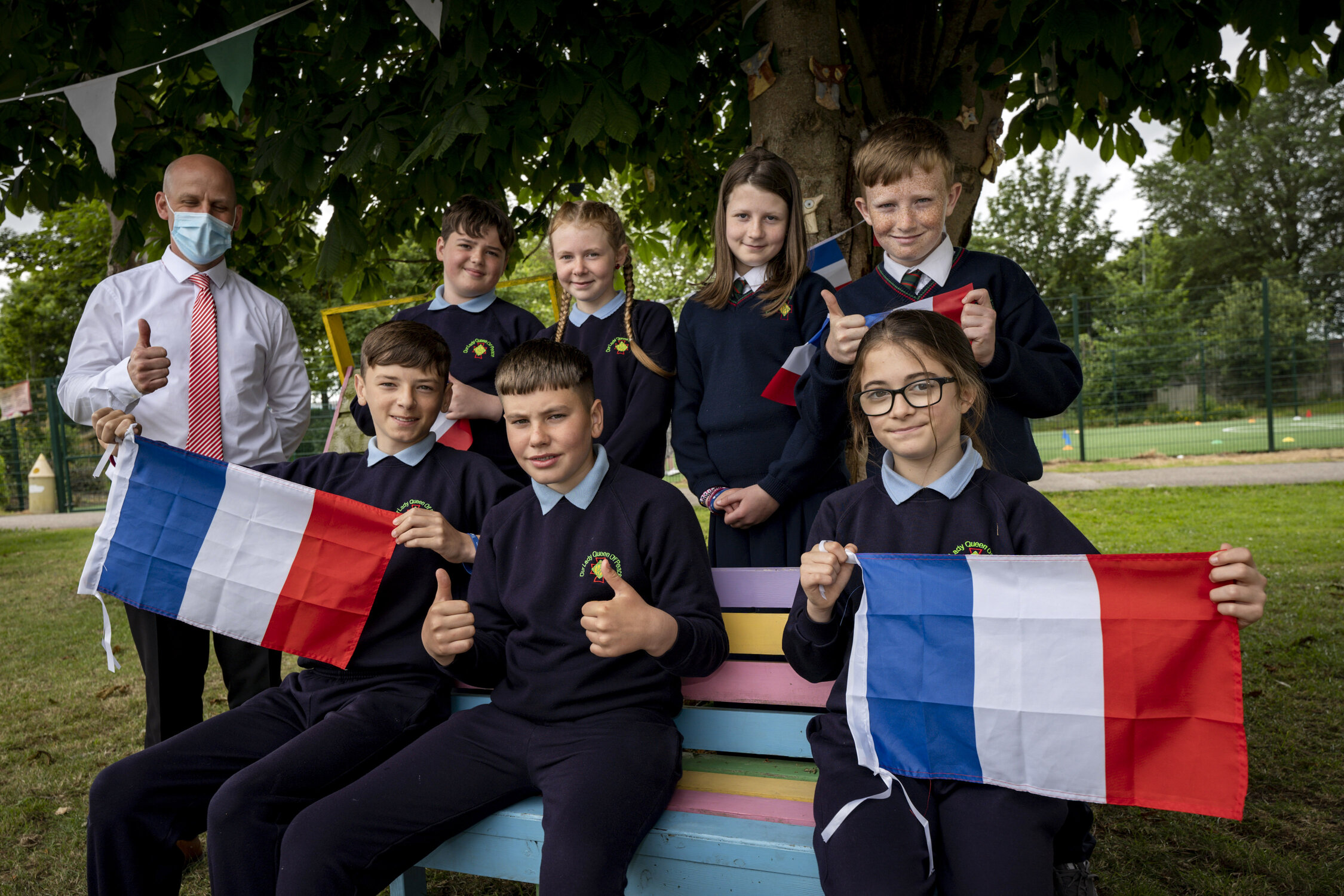 UL Academy for Children graduates Jay Broe, Abigail Barry, Niamh O'Callaghan, Warren Mahon, Chad Molloy, Alex Heffernan and Aaliyah Pickford from Our Lady Queen of Peace Primary School, Janesboro, Limerick. Also pictured Eamonn O'Connell, School Principal. Picture: Don Moloney