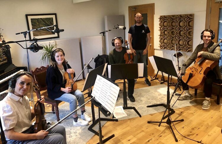 Arco String Quartet with composer Francis Ward (centre, back) pictured during the studio recording of Cuimhnigh ar Sarsfield -The Wild Geese Suite
