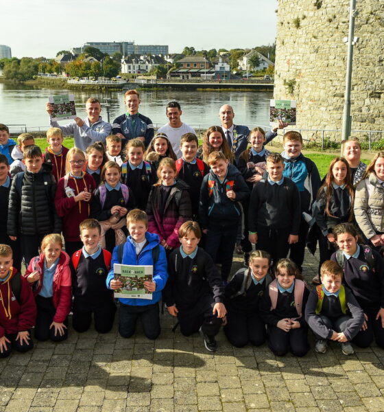 Limerick Back 2 Back book - 5th class students from Our Lady Queen of Peace Primary School along with Limerick hurlers, back row, from left, Peter Casey, William O'Donoghue and Darragh O'Donovan with Cllr Daniel Butler, Mayor of the City and County of Limerick at the launch of 'Back 2 Back' at Limerick City and County Council offices at Merchants Quay in Limerick. Picture: Diarmuid Greene/Sportsfile