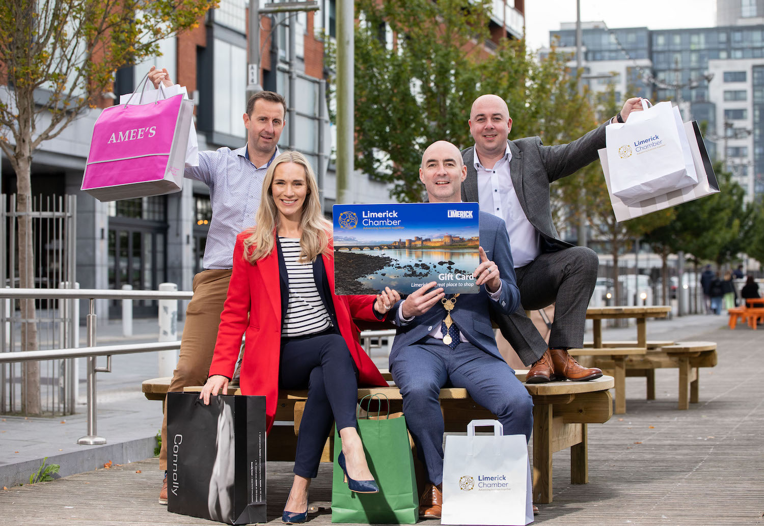 Limerick Chamber Gift Card - Pictured are are (l-r) James Ryan, Centra stores Limerick, Limerick Chamber CEO, Dee Ryan, Mayor of Limerick City and County Cllr. Daniel Butler and Jonathan Ryan, Head of Retail Ireland, One4all Gift Cards. Picture: Alan Place