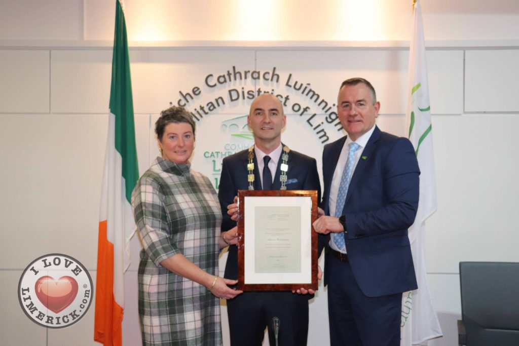 Covid Stability Funding Limerick – Pictured above with Mayor Daniel Butler are founders of Cliona’s Foundation, Terry and Brendan Ring, who received €100,000 in Covid Stability Funding. Picture: Conor Owens/ilovelimerick.