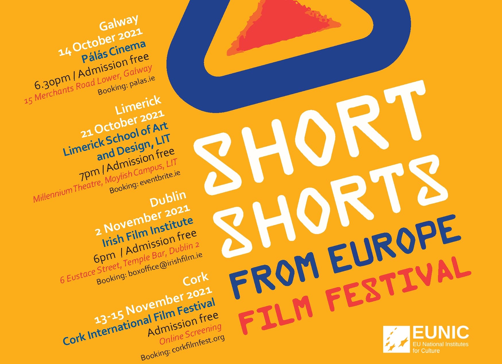 eunics European film festival The festival includes short films from Austria, France, Greece, Italy, Germany, Ireland, Poland, Spain, The UK, and Portugal.