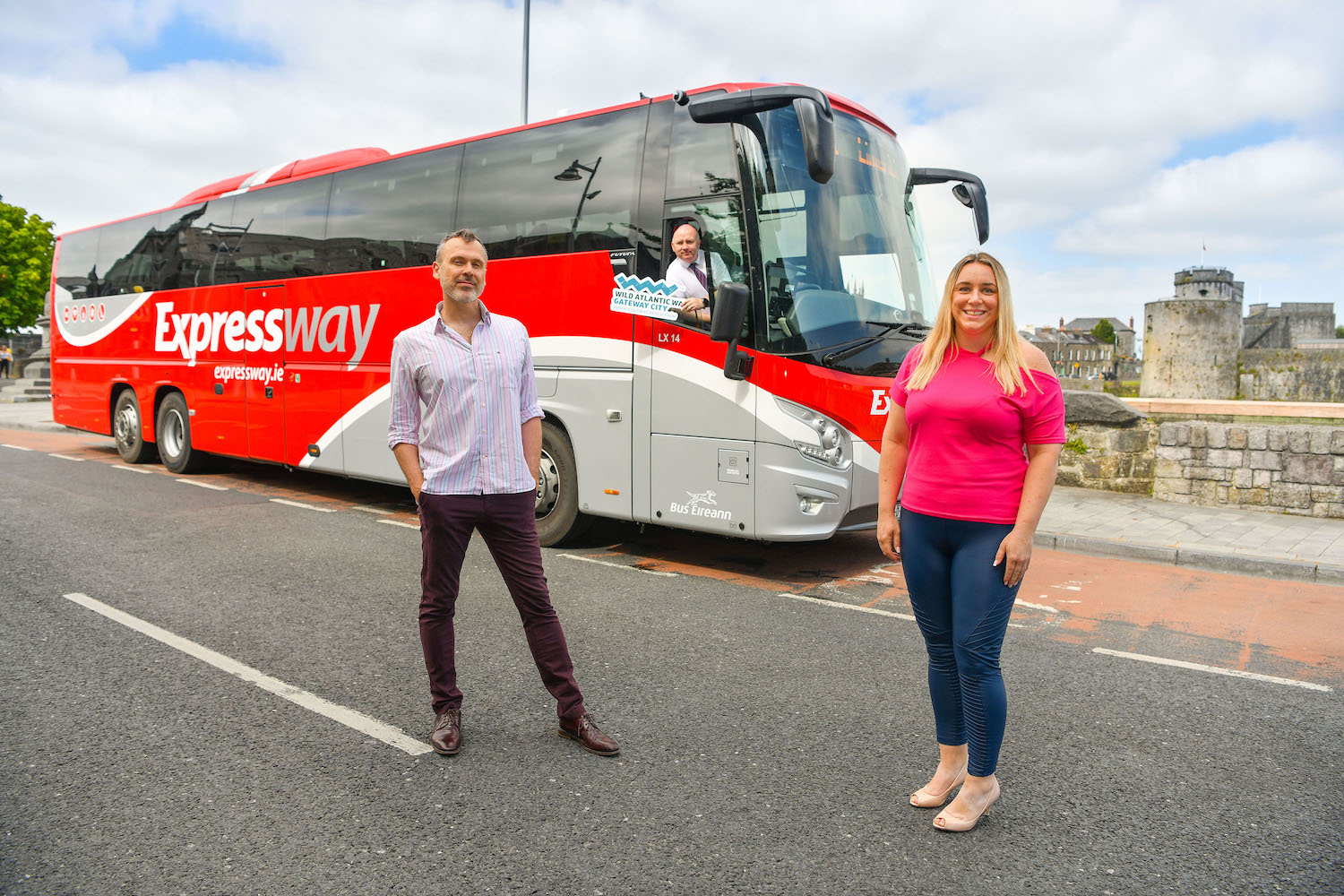 Bus Eireann Limerick Economy Report - Pictured on Clancy Strand in Limerick City for the announcement are Richard Lynch from I Love Limerick, Pat Ryan, Bus Eireann driver, and Geraldine Lardner, Failte Ireland. Picture: Diarmuid Greene