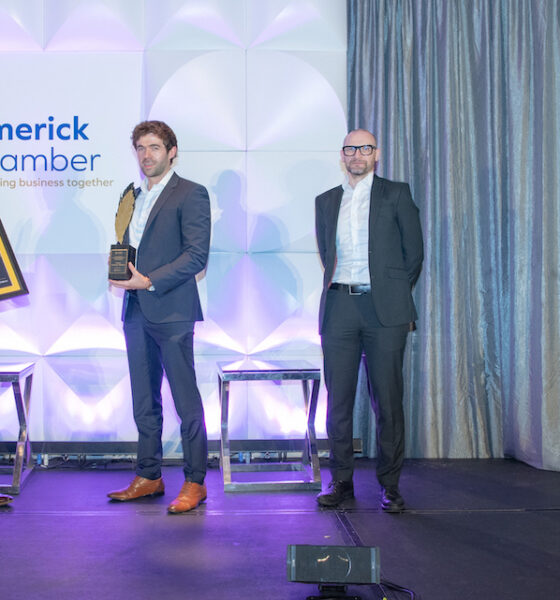 Croom Precision Medical win best Overall Business - Pictured are Professor Vincent Cunnane, TUS / Sponsor, Patrick Byrne, Croom Precision Medical / Winner, Donnacha Hurley, Limerick Chamber President, Dee Ryan, CEO Limerick Chamber.