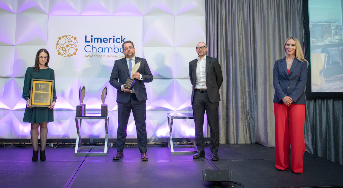 Croom Precision Medical win Category Best Retail and Hospitality - Gemma Harte, BDO / Sponsor, Stephen O’Connor, General Manger Limerick Strand Hotel / Winner, Donnacha Hurley, Limerick Chamber President, Dee Ryan, CEO Limerick Chamber.