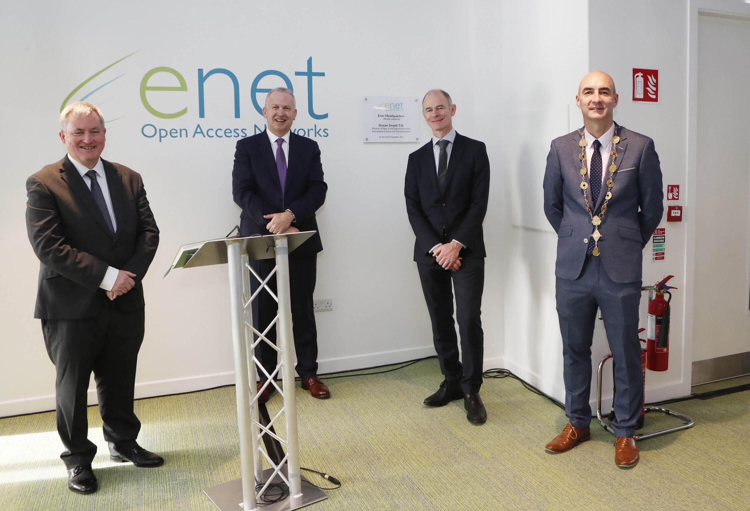 Enet - TD Keiran O Donnell, Peter McCarthy, Group CEO Enet, Ossian Smyth, Minister of State at the Department of the Environment, Climate and Communications and Mayor of Limerick Daniel Butler pictured above. Picture: Liam Burke/Press 22