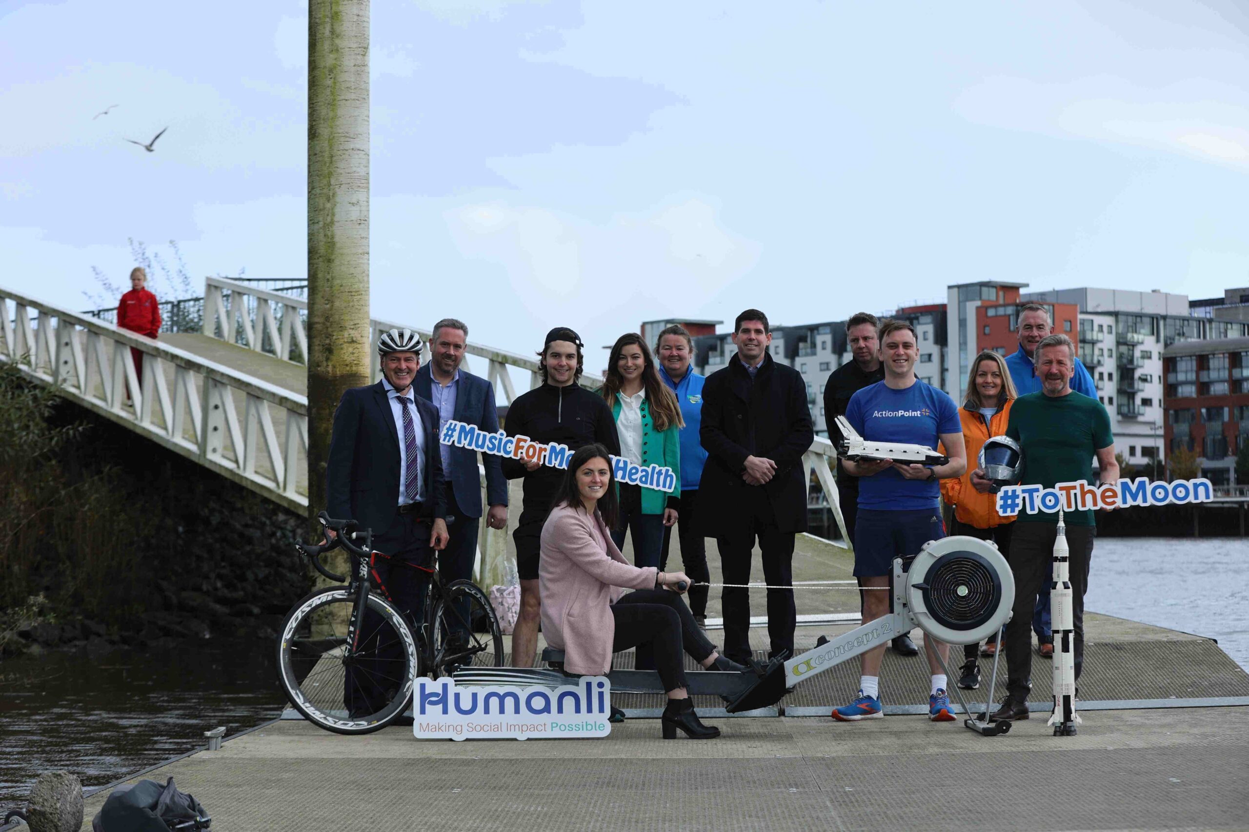 Humanli Challenges Limerick’s Business Community - Pictured at the launch of #tothemoon are…Back L-R John Battles, John Battles & Company Solicitors, Maurice Lenihan, Chris Kelly, Tracworx, Meghann Scully, Phil Deegan, Cliona’s Foundation, Derek Walsh, Sellors, John Cleary, Eventmaster, Peter Hunt, Action Point, Elaine Fitzpatrick Leahy, Limerick Suicide Watch, Brendan Ring, Cliona’s Foundation, Karl Daly, Humanli, with Roisin Upton on the Rowing machine. Picture: Kieran Ryan-Benson