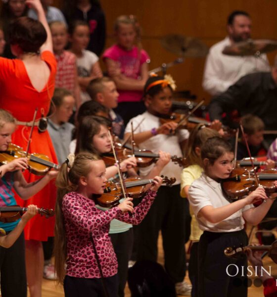 ICO initiative shortlisted for award - Pictured above are children from Galvone National School, Southill Junior School, St. Mary’s National School and St. Enda’s Community School performing with members of the Irish Chamber Orchestra at the University Concert Hall, Limerick for the Sing Out With Strings 6th birthday. Picture: Oisin Mc Hugh/ilovelimerick