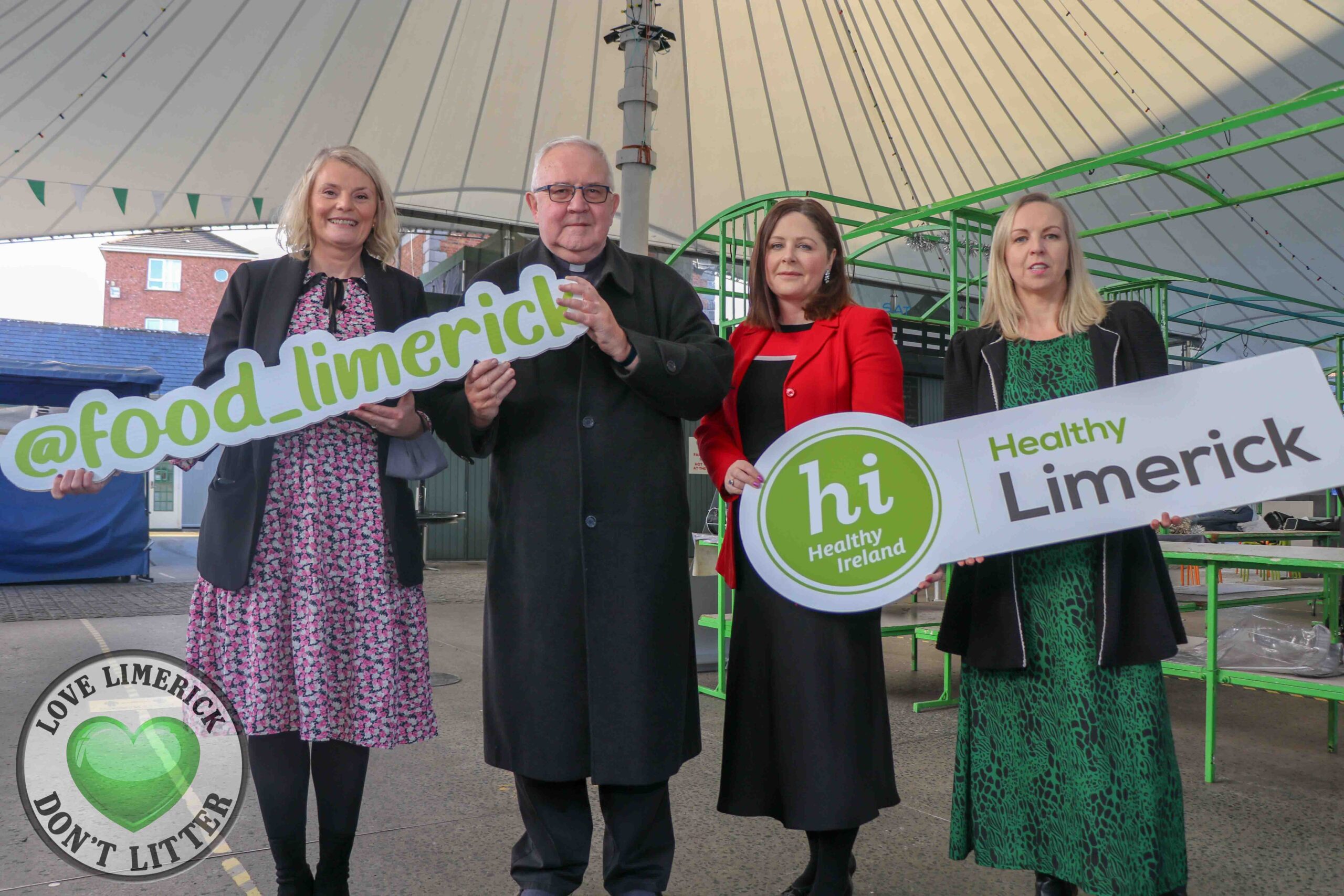 Limerick Food Partnership fakeaway classes Pictured at the Limerick Milk Market are Olivia O'Brien, LFP Coordinator,  Fr Seamus Enright, Co Chair of LFP and Redemptorists, Professor Niamh Hourigan, Vice President of Academic Affairs in Mary I and Co Chair of Limerick Food Partnership and Roisin Ross, Healthy Limerick. Picture: Richard Lynch/ilovelimerick