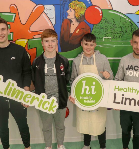 Limerick Food Partnership fakeaway classes - Pictured are Sean Fitzgerald (far left) and Evan O Grady (far right), youth workers at West End Youth Centre, Our Lady of Lourdes Parish, Limerick pictured with 14-year-old youths Craig Kiely and Robert McNamara who took part in the Healthy Food Parcels initiative set up by Limerick Food Partnership during the pandemic. Picture: Richard Lynch
