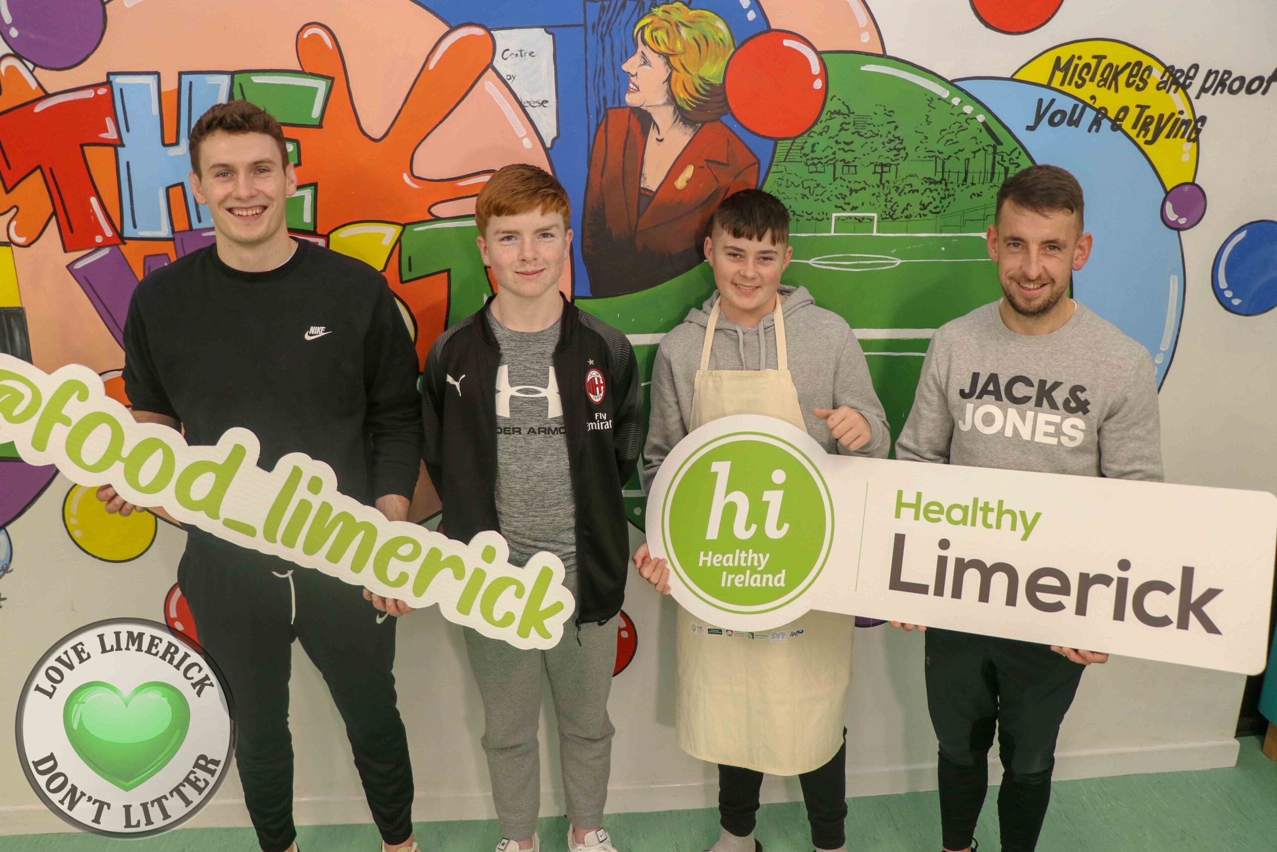 Limerick Food Partnership fakeaway classes - Pictured are Sean Fitzgerald (far left) and Evan O Grady (far right), youth workers at West End Youth Centre, Our Lady of Lourdes Parish, Limerick pictured with 14-year-old youths Craig Kiely and Robert McNamara who took part in the Healthy Food Parcels initiative set up by Limerick Food Partnership during the pandemic. Picture: Richard Lynch